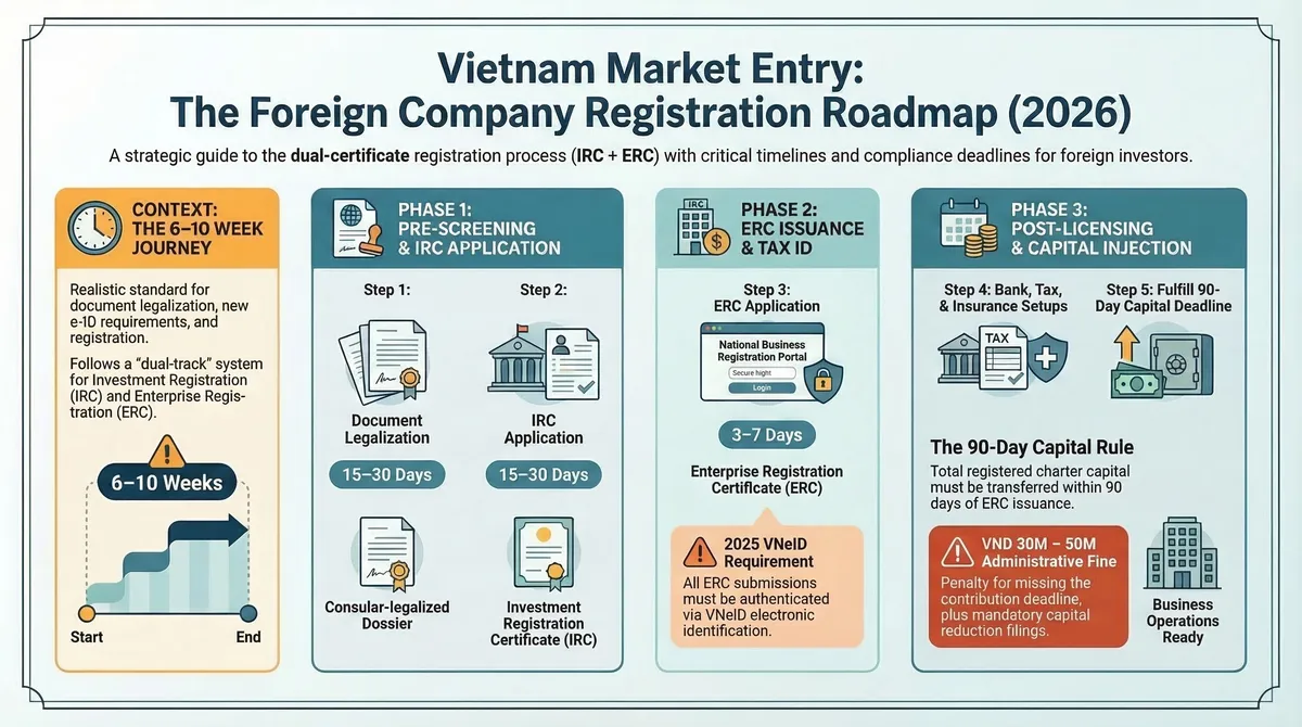 Infographic showing the complete Vietnam foreign company registration roadmap for 2026, covering three phases: document legalization and IRC application (15-30 days each), ERC issuance with 2025 VNeID authentication requirement (3-7 days), and post-licensing setup including bank, tax, insurance registration plus the critical 90-day capital contribution deadline with VND 30-50 million penalty for non-compliance