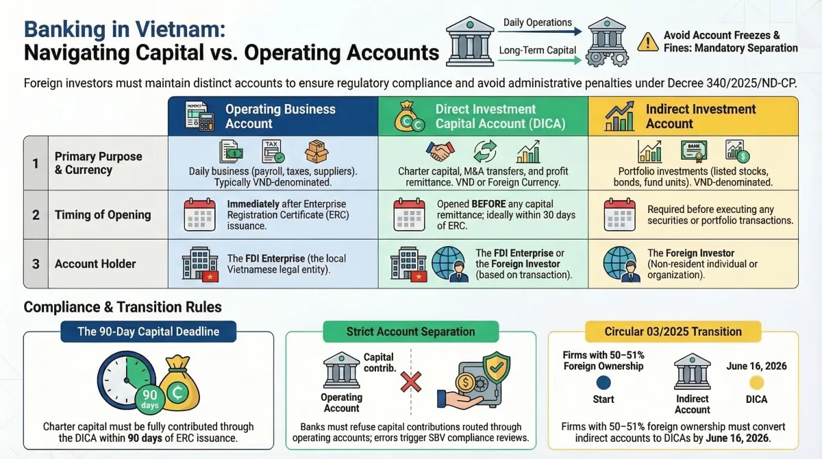 DICA vs Operating Account vs Indirect Investment Account — comparison of account types, permitted transactions, and regulatory requirements for foreign investors in Vietnam
