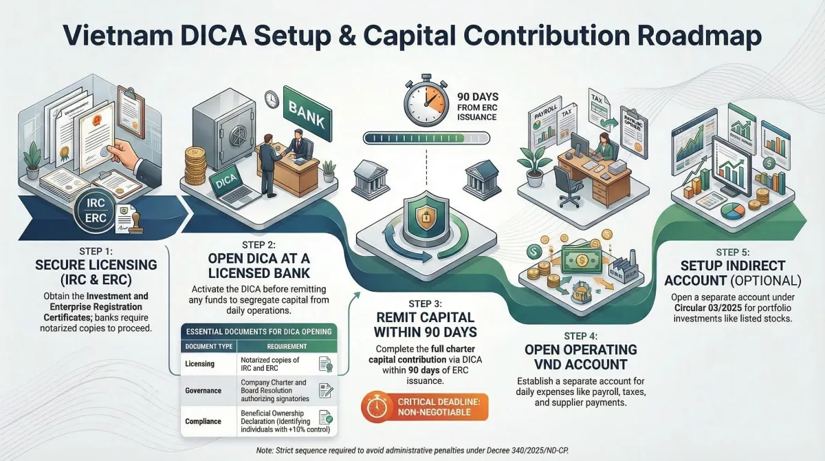 Step-by-step DICA setup process — from IRC/ERC issuance through bank account opening to capital contribution within the 90-day statutory deadline