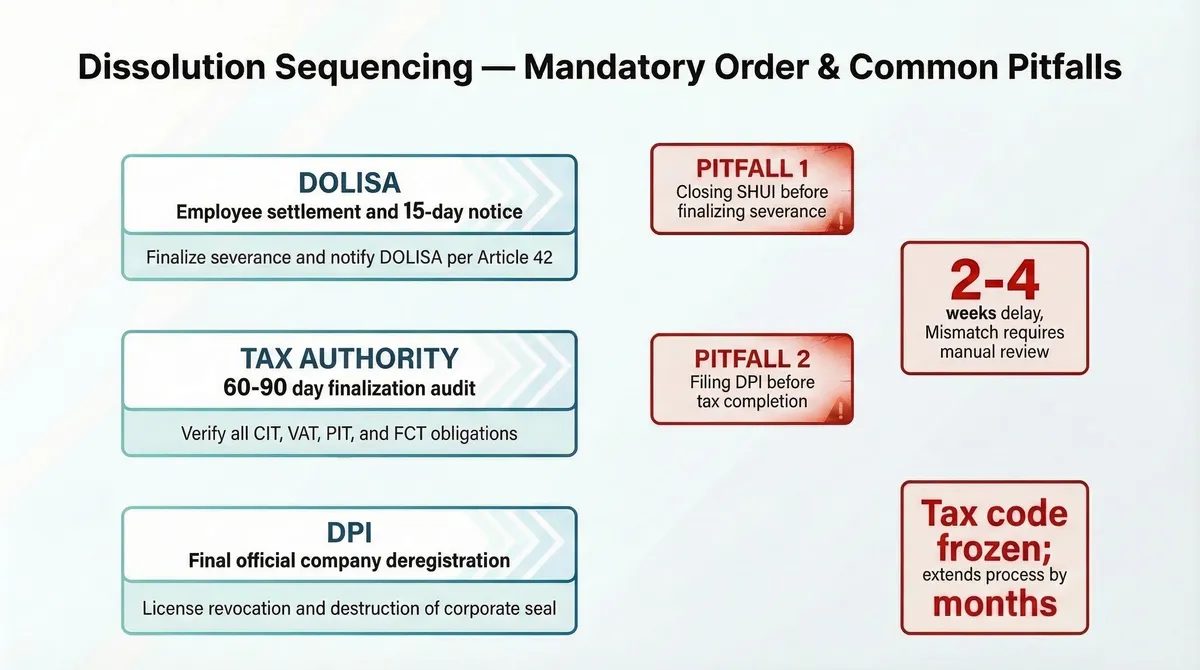 Dissolution sequencing flowchart: correct order (DOLISA → Tax → Department of Finance) with warning branches showing consequences of wrong sequence — tax code freeze and SHUI mismatch adding weeks to months of delay