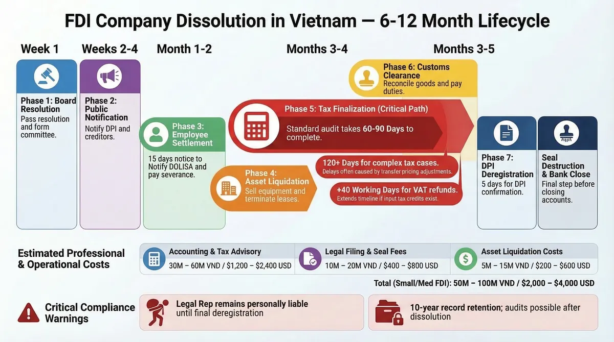 FDI company dissolution 6-12 month lifecycle: resolution, notification, employee settlement, asset liquidation, tax finalization (3-6 months critical path), and final deregistration at the Department of Finance