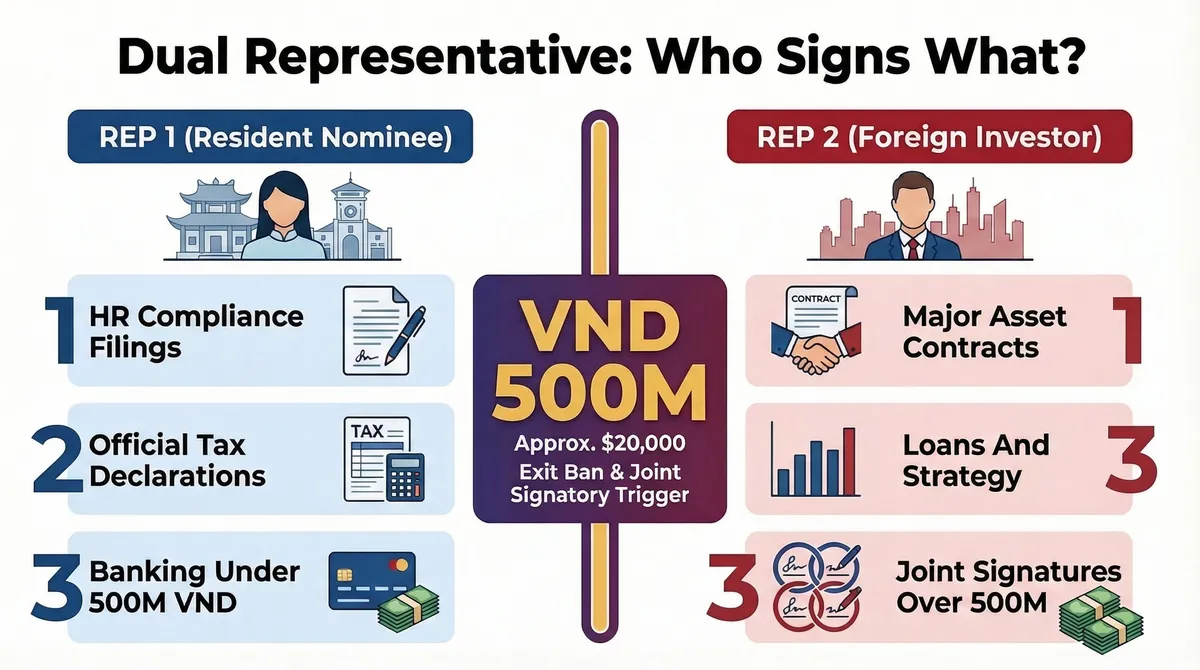 Comparison table showing dual legal representative authority division: Representative 1 (resident nominee) handles HR, tax, banking below VND 500 million; Representative 2 (foreign investor) controls major transactions and strategy; joint signatures required above VND 500 million threshold