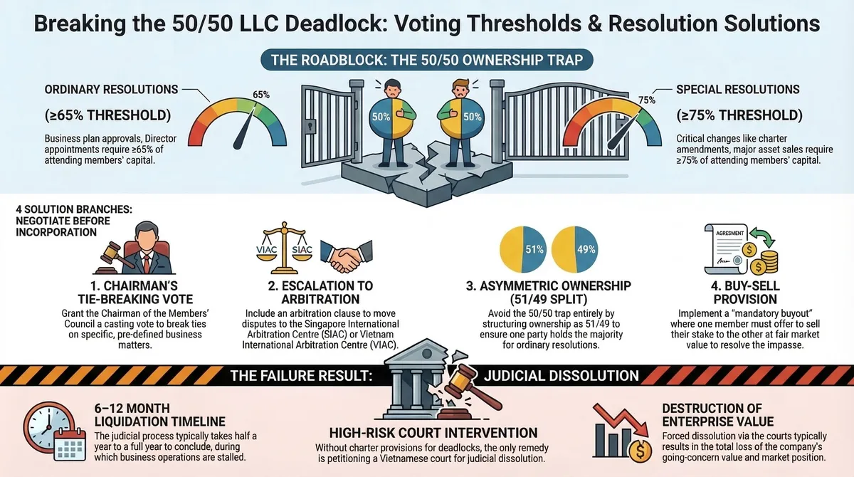 Flowchart showing how to break a 50/50 LLC deadlock in Vietnam: default voting thresholds of ≥65% ordinary and ≥75% special resolutions create gridlock, with 4 solution branches — chairman casting vote, arbitration via SIAC/VIAC, asymmetric 51/49 ownership, or buy-sell provision — and failure path leading to 6-12 month judicial dissolution