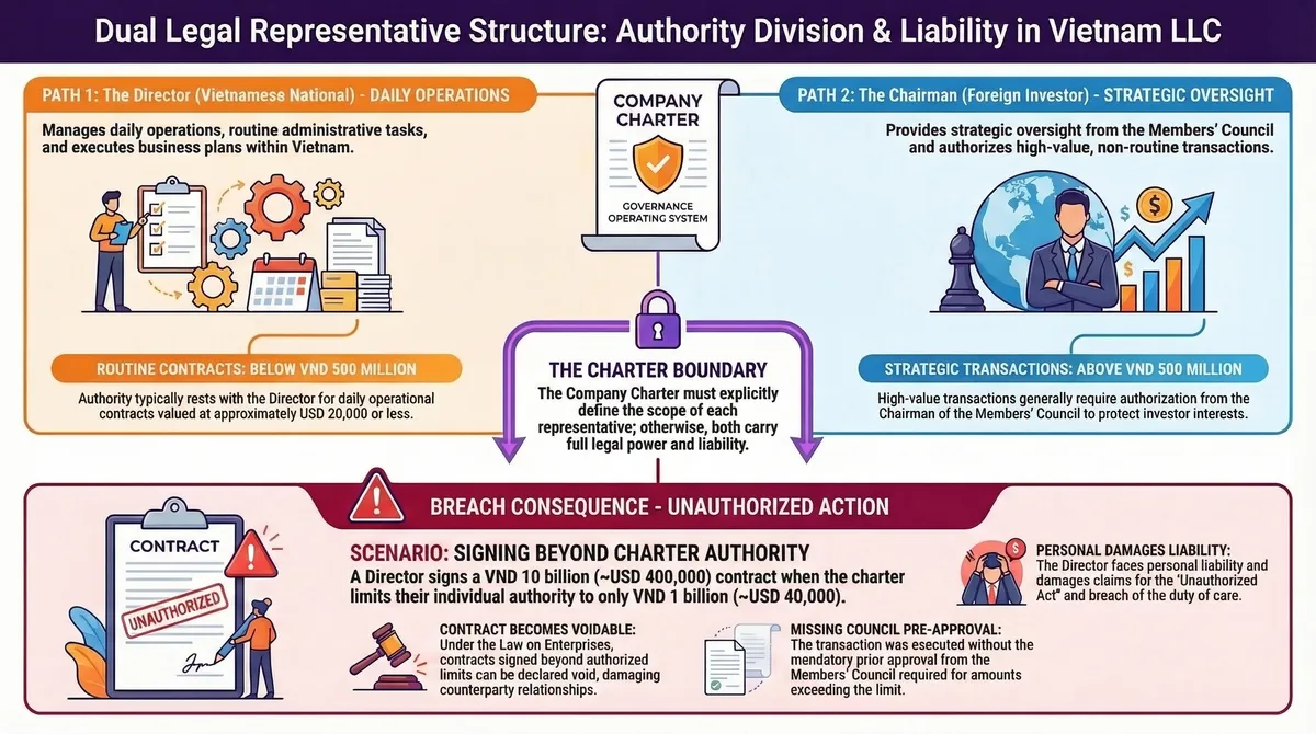Process diagram showing dual legal representative authority division in Vietnam LLC: Director/Vietnamese national handles daily operations and contracts below VND 500 million, Chairman/foreign investor controls strategic decisions above VND 500 million, with breach consequences for unauthorized signing