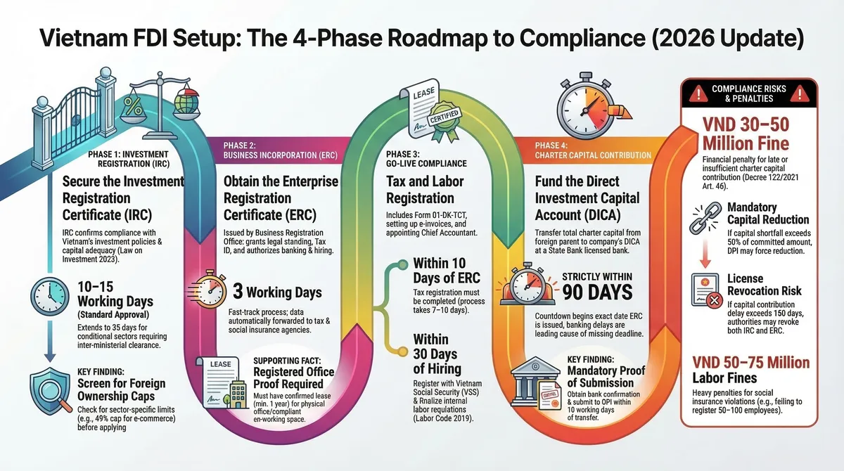 4-phase Vietnam FDI setup timeline: IRC approval 10-15 working days, ERC issuance 3 days, tax and labor registration 7-10 days, charter capital contribution within 90 days, total 4-6 weeks with penalty warnings for late capital