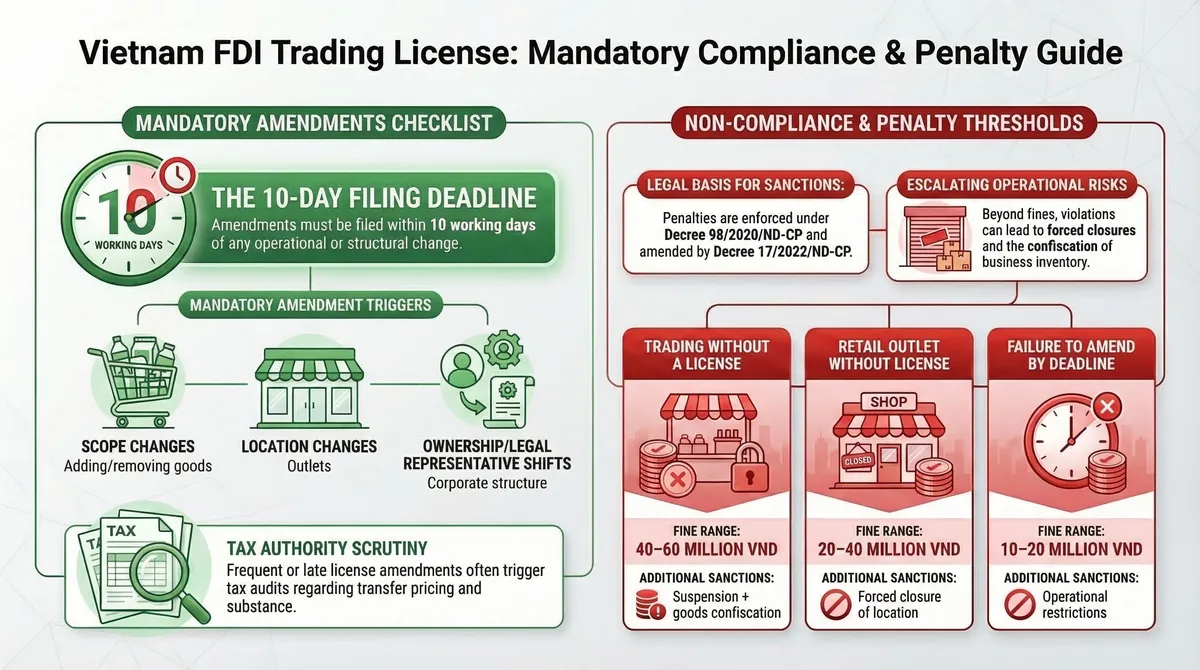 Checklist displaying Vietnam trading license penalties: 10-day amendment deadline, VND 40-60M for unlicensed trading, VND 20-40M for unlicensed retail outlets, and VND 10-20M for late amendments