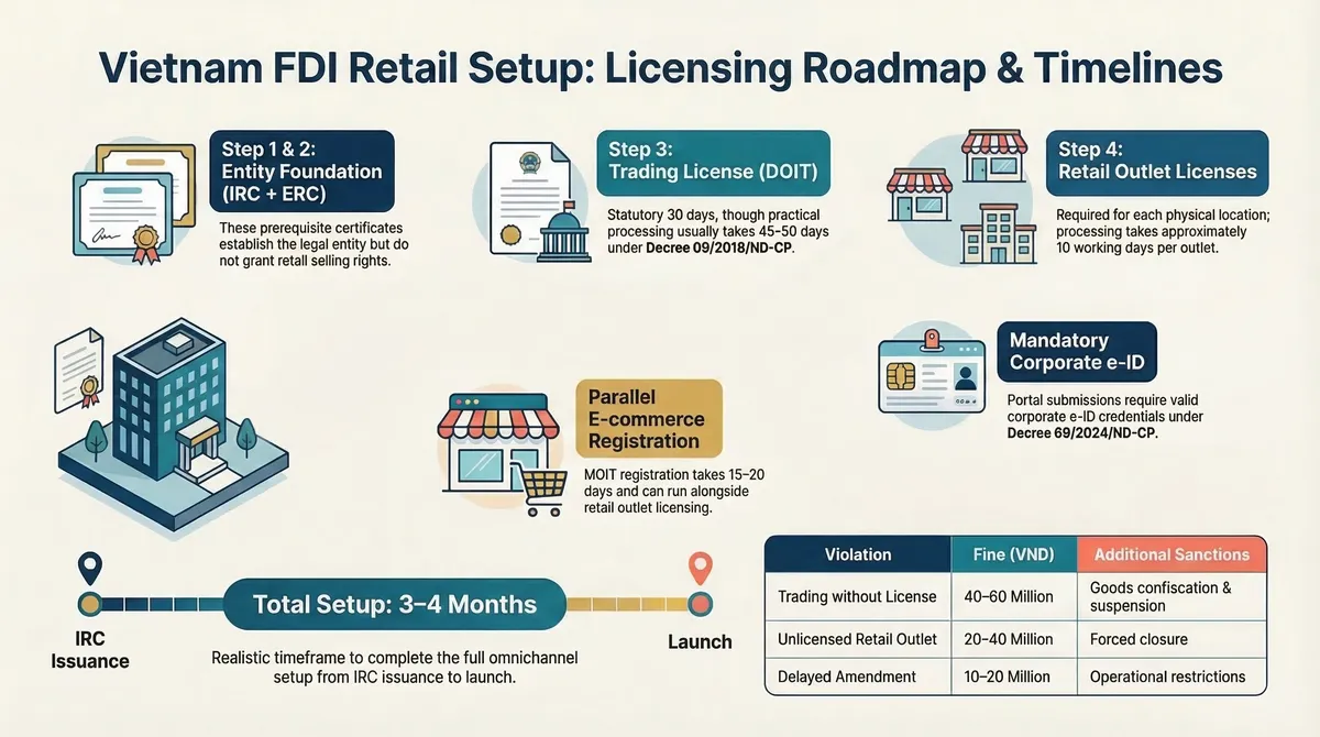 Process-flow infographic showing Vietnam retail licensing steps: IRC to ERC to Trading License (30 statutory/45-50 practical days) to Retail Outlet and E-commerce, taking 3-4 months