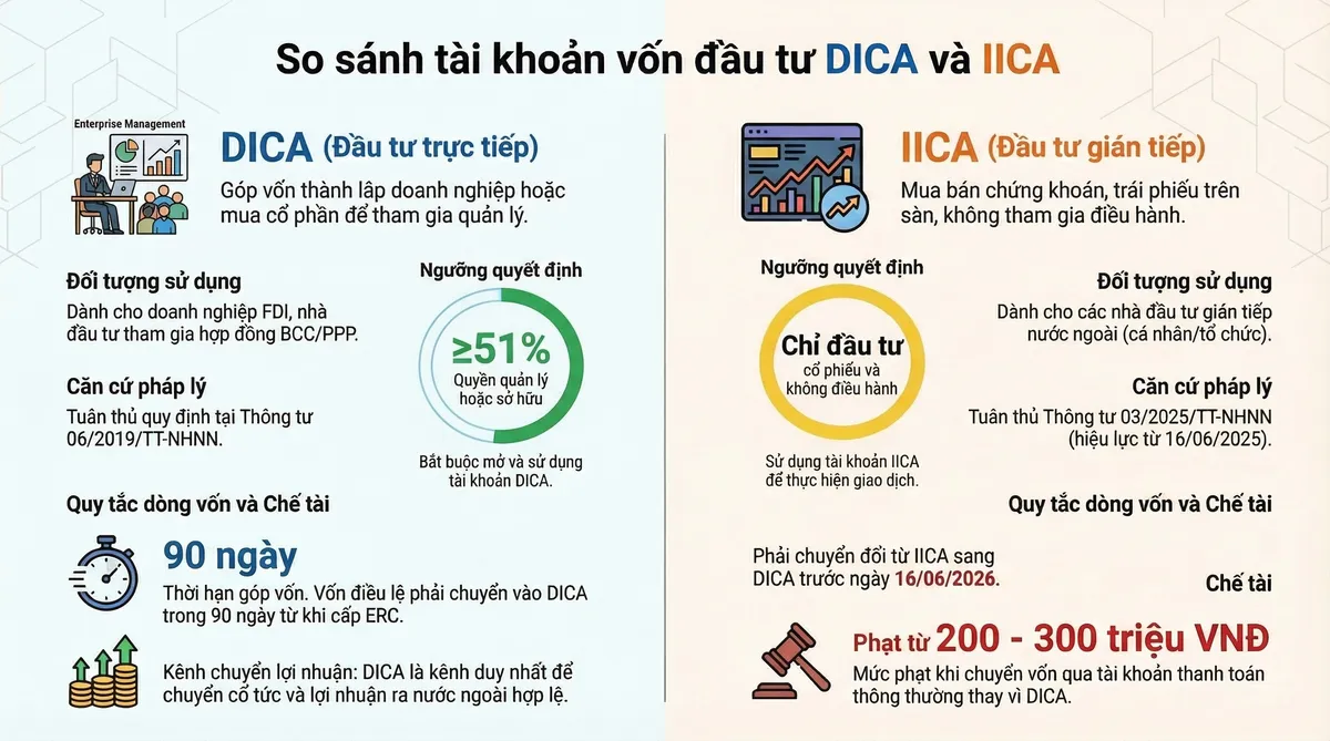 Bảng so sánh chi tiết tài khoản vốn đầu tư trực tiếp (DICA) và gián tiếp (IICA) theo quy định NHNN