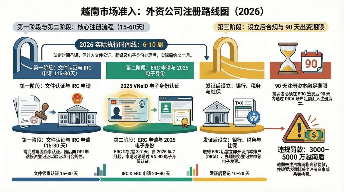 2026年越南外资公司注册路线图信息图，涵盖三个阶段：文件领事认证与IRC申请（各15-30天）、ERC签发及2025年VNeID电子身份认证要求（3-7天）、以及发证后设立包括银行开户、税务登记、社保登记和关键的90天注册资本缴足期限（违规罚款3000-5000万越南盾）
